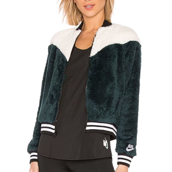Nike Sportswear Midnight Spruce/Desert Sand-White Sherpa Bomber Jacket Sz M - Picture 1 of 11